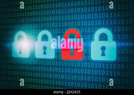 An illustration of four locks with the red lock unlocked on binary code background - GDPR data protection concept Stock Photo