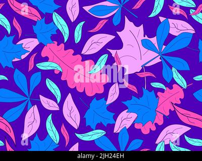 Colorful leaves with stroke seamless pattern. Autumn leaf fall, leaf fall. Oak and maple. Design for wrapping paper, fabric printing and promotional i Stock Vector