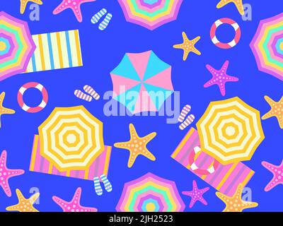 Beach top view seamless pattern. Beach umbrellas and towel, flip flops with starfish in flat style. Design for banners, print and promotional items. V Stock Vector