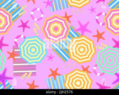 Beach top view seamless pattern. Beach umbrellas and towel, flip flops with starfish in flat style. Design for banners, print and promotional items. V Stock Vector