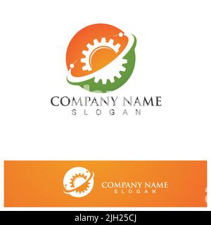 Vector world and gear logo combination. Earth and mechanic symbol or icon. Unique globe and industrial logotype design template. Stock Vector