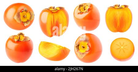Isolated persimmons. Collection of whole and cut persimmon fruits isolated on white background Stock Photo