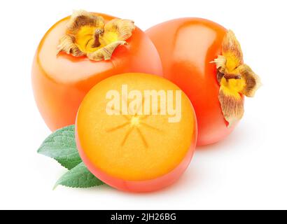 Halved persimmon fruits isolated on white background Stock Photo