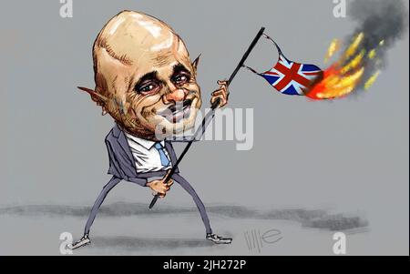 Satire style cartoon caricature of Conservative MP Sajid Javid, Member of Parliament for Bromsgrove former Secretary of State for Health & Social Care Stock Photo