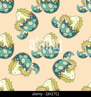 Cute funny dinosaur pattern. Dinosaur in an egg. Colorful vector background. Print for cloth design, textile, fabric Stock Vector