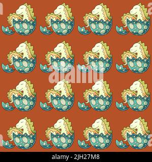 Cute funny dinosaur pattern. Colorful vector background. Dinosaur in an egg. Print Stock Vector
