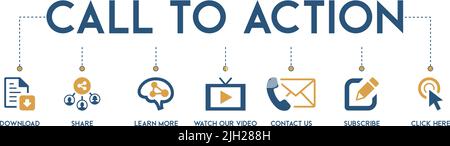Set of vector icons - call to action with the icon of download, share, learn more, watch our video, contact us, subscribe, click here Stock Vector