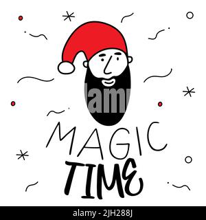 Merry Christmas avatar with head of Santa Claus or elf characters portrait with lettering MAGIC TIME. The xmas black and red vector illustration in Stock Vector