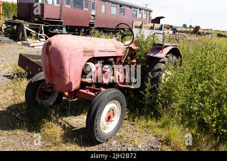 Unrestored red Porsche Diesel Tractor in a field with some weeds growing around it Stock Photo