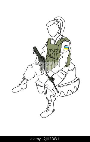 Soldier girl with weapon and bulletproof vest rests on tires. Vector illustration. One continuous line art drawing of soldier girl Stock Vector