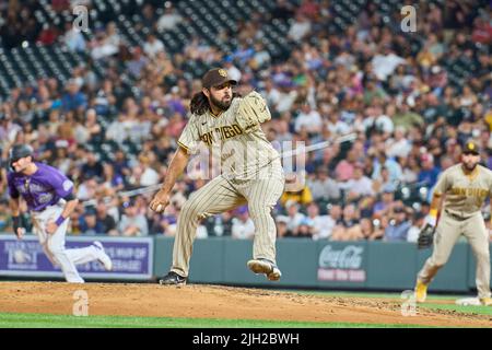 July 14 2022: San Diego catcher Jorge Alfaro (38) surveying the field  during the game with San Diego Padres and Colorado Rockies held at Coors  Field in Denver Co. David Seelig/Cal Sport