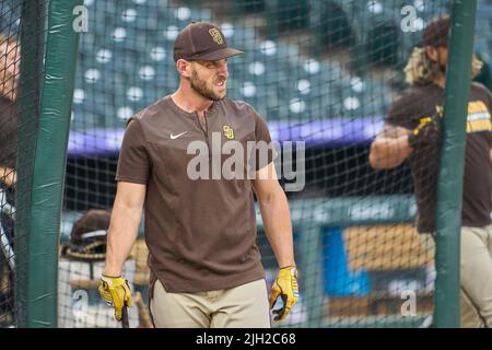 Denver CO, USA. 13th July, 2022. San Diego catcher Austin Nola (26) during pre game with San Diego Padres and Colorado Rockies held at Coors Field in Denver Co. David Seelig/Cal Sport Medi. Credit: csm/Alamy Live News Stock Photo