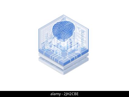 Artificial Intelligence AI concept. Isometric vector illustration of digital brain representing a deep neural network. Blue and white web banner. Stock Vector
