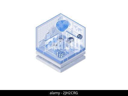 Artificial Intelligence AI concept. Isometric vector illustration of neural network and data analysis of connected devices. Blue and white web banner Stock Vector