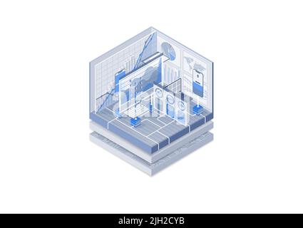 Data analytics and artificial intelligence concept. Isometric vector illustration of data dashboards. Blue and white web banner. Stock Vector