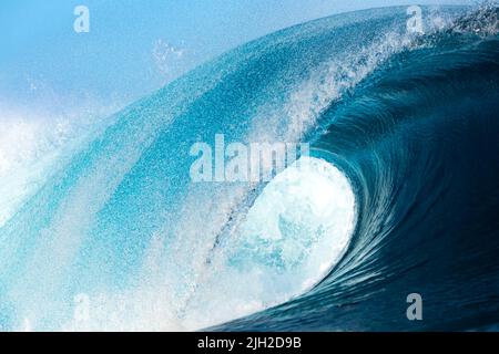 Powerful wave breaking on a beach with palm trees Stock Photo