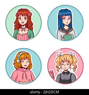Anime girls avatars. Manga female characters wearing various cute clothes. Young teenagers doing activities Stock Vector