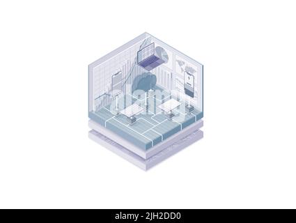 Big data and cloud computing concept. Isometric vector illustration of data analytics of large volume of data. Blue and white web banner. Stock Vector
