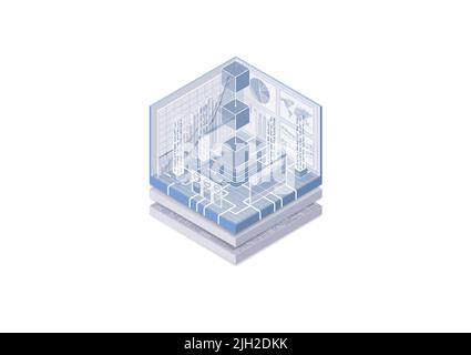 Blockchain and Web 3.0 concept. Isometric vector illustration of connected blocks of data. Blue and white web banner. Stock Vector
