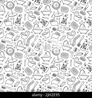 Bath and shower hand drawn seamless pattern. Black doodles on white background. Vector illustration. Stock Vector