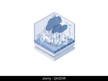 Cloud computing and cloud provider concept. Isometric vector illustration of connected internet devices. White and blue web banner. Stock Vector
