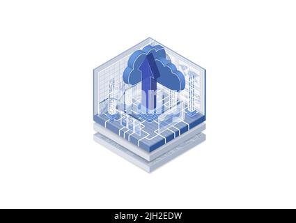 Cloud transformation and data upload concept. Isometric vector illustration of cloud and upload arrow. Web banner in blue and white. Stock Vector