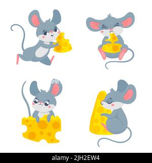 Cartoon mouse with cheese. Smiling characters holding food pieces. Playful animal running, eating snack Stock Vector