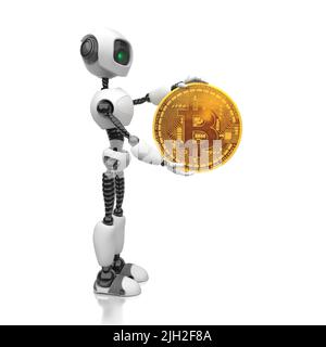 Trading bot. A humanoid robot holds a golden Bitcoin coin in its hand. Creative conceptual illustration on a white background. 3D rendering