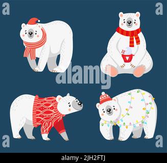 Christmas polar bears. Cute characters wearing winter holiday sweaters, Santa hats and scarfs. Arctic animals Stock Vector