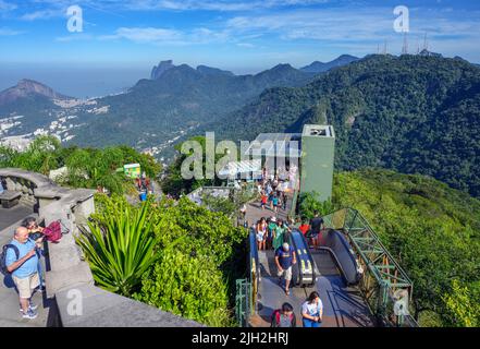 View from Christ the Redeemer statue looking towards the cog railway station, Corcovado, Rio de Janeiro, Brazil Stock Photo