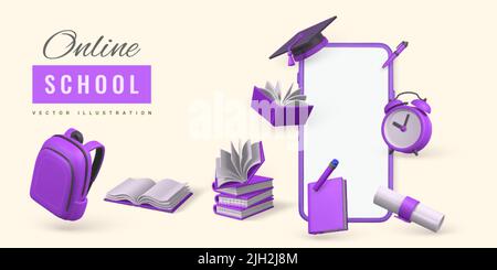 Online school concept. Phone with books, pencil, alarm clock, graduation cap and diploma. Vector illustration. Stock Vector