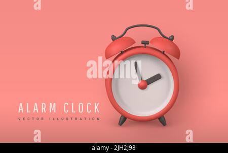 Cute cartoon red alarm clock. 3d realistic table clock with shaddow. Vector illustration. Stock Vector
