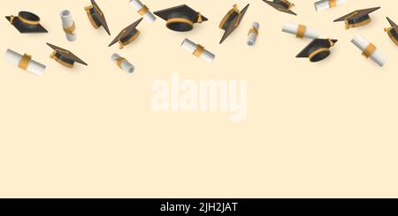 Celebration falling graduation cap and diploma. Education, degree ceremony concept. Vector illustration. Stock Vector