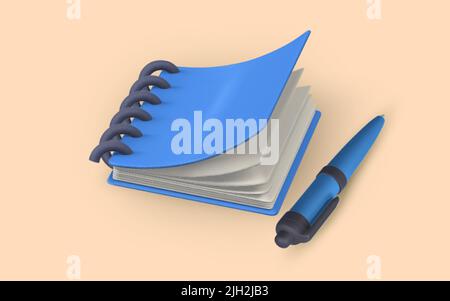 Cute cartoon notepad and pen. Realistic 3d school object. Vector illustration. Stock Vector