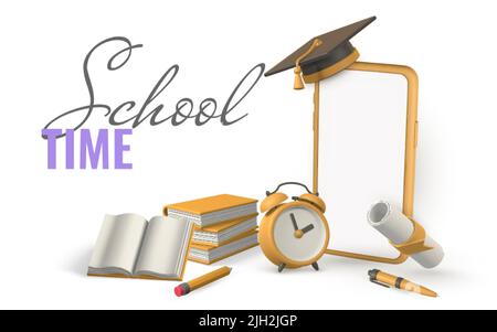 Online school concept. Phone with books, pencil, alarm clock, graduation cap and diploma. Vector illustration. Stock Vector