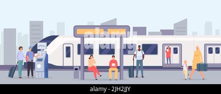 People at station. Female and male characters with luggage waiting for transport at railway station. People traveling Stock Vector