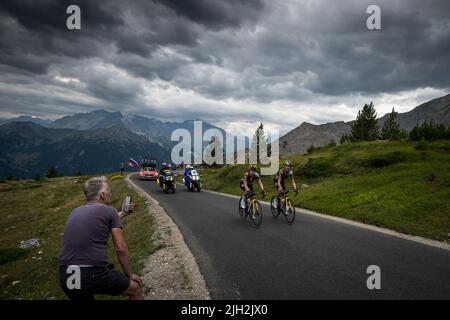 (from L to R) Primoz Roglic (Jumbo-Visma Team) and Sepp Kuss (Jumbo-Visma Team) in action in the last kilometers of the climb of the Col du Granon during the 11th stage of the Cycling Tour de France 2022. The 11th stage of the Tour de France 2022 between Albertville and the top of the Col du Granon with a distance of 151.7 km. The winner of the stage is the Danish Jonas Vingegaard (Jumbo Visma team) who also takes the first place in the general classification at the detriment of the Slovenian Tadej Pogacar (team UAE Emirates). Colombian Nairo Quintana (Arkea Samsic team) ranked second in the s Stock Photo