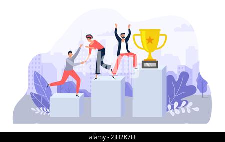 Successful team. Office employees helping each other, cooperating together to achieve goal. Men and woman going upstairs Stock Vector