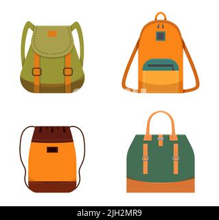 Woman leather casual bags, fashionable rucksacks for work, school or traveling. Modern touristic accessories of different types Stock Vector