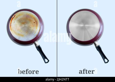 Cleaning carbon deposits on kitchen utensils. Dirty pan bottom and clean. Gray background. Before and after. Stock Photo