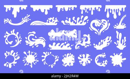 Cartoon milk stain. Falling milk drop shape, grocery logo of yoghurt liquid blots and splash, round spatter of various shapes. Vector white ink Stock Vector