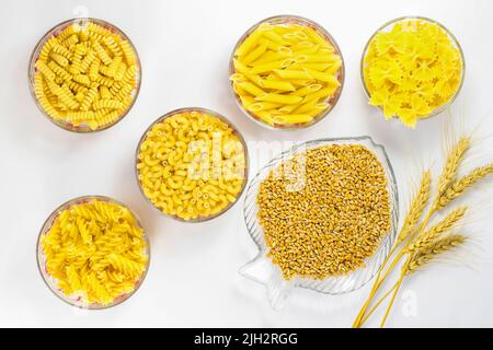 Five types of pasta in glass plates. Grains of wheat and wheat spikelets Stock Photo