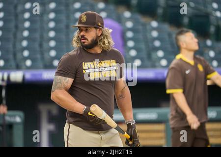 Denver CO, USA. 13th July, 2022. San Diego catcher Jorge Alfaro (38) during pre game with San Diego Padres and Colorado Rockies held at Coors Field in Denver Co. David Seelig/Cal Sport Medi. Credit: csm/Alamy Live News Stock Photo