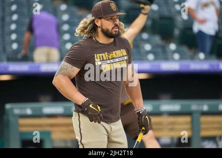 Denver CO, USA. 13th July, 2022. San Diego catcher Jorge Alfaro (38) during pre game with San Diego Padres and Colorado Rockies held at Coors Field in Denver Co. David Seelig/Cal Sport Medi. Credit: csm/Alamy Live News Stock Photo