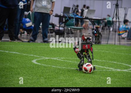 Bangkok, Thailand. 14th July, 2022. A robot in action at the RoboCup in BITEC Bangna. RoboCup 2022 in Thailand is the world's largest robotic and AI event during which 3,000 participants from 45 countries are expected to attend. The event will be held from 13 to 17 July 2022. Credit: SOPA Images Limited/Alamy Live News Stock Photo