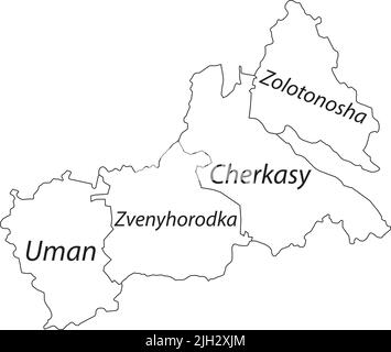 White tagged map of raions of the CHERKASY OBLAST, UKRAINE Stock Vector