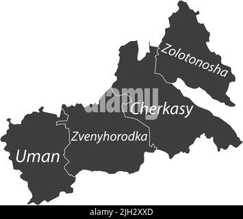 Dark gray tagged map of raions of the CHERKASY OBLAST, UKRAINE Stock Vector