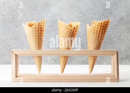 Three empty ice cream waffle cones Stock Photo