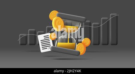3d illustration of sand clock with contract document and golden coins, black cartoon style Stock Vector