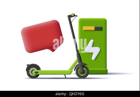 green electric scooter on charging charging with message bubble, green 3d illustration Stock Vector